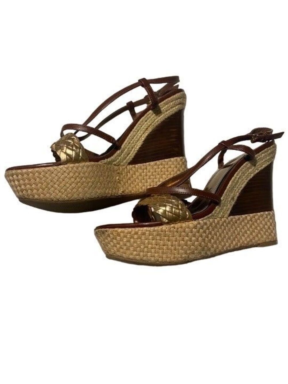 Audrey Brooke Gold & Brown Leather Wedges- Size 9